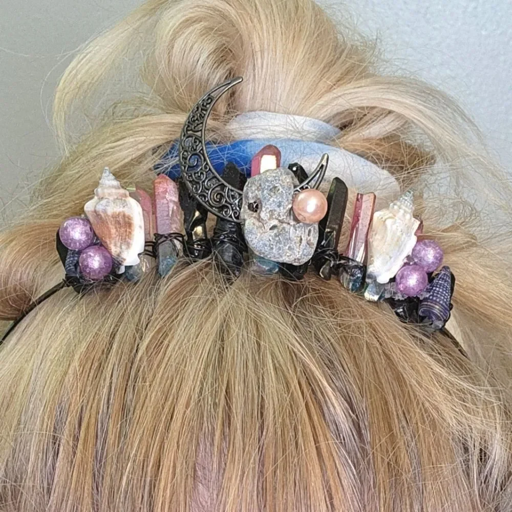 Siren Crown Pink/Blue & Black Crystal Quartz with Stone, Shell, Pearls, Moon!